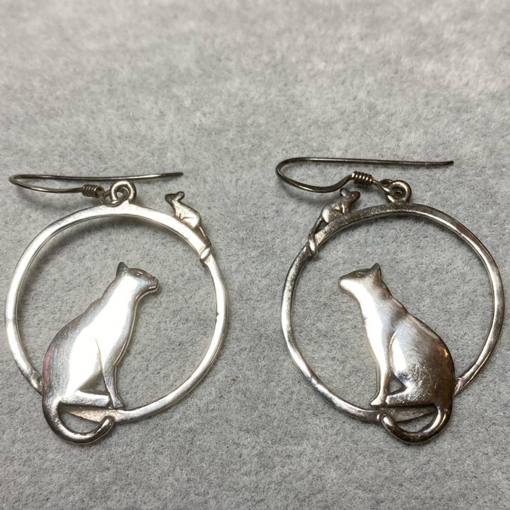 Solid Sterling Silver Full Moon Cat Earrings Vintage Goth Witch